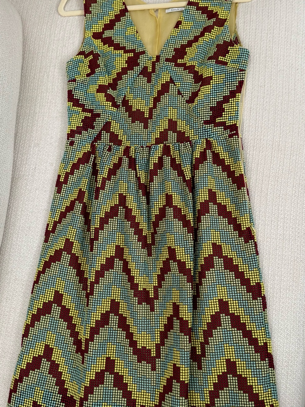 Sleeveless Chevron Print Fit-and-Flare Dress in Yellow, Burgundy & Teal